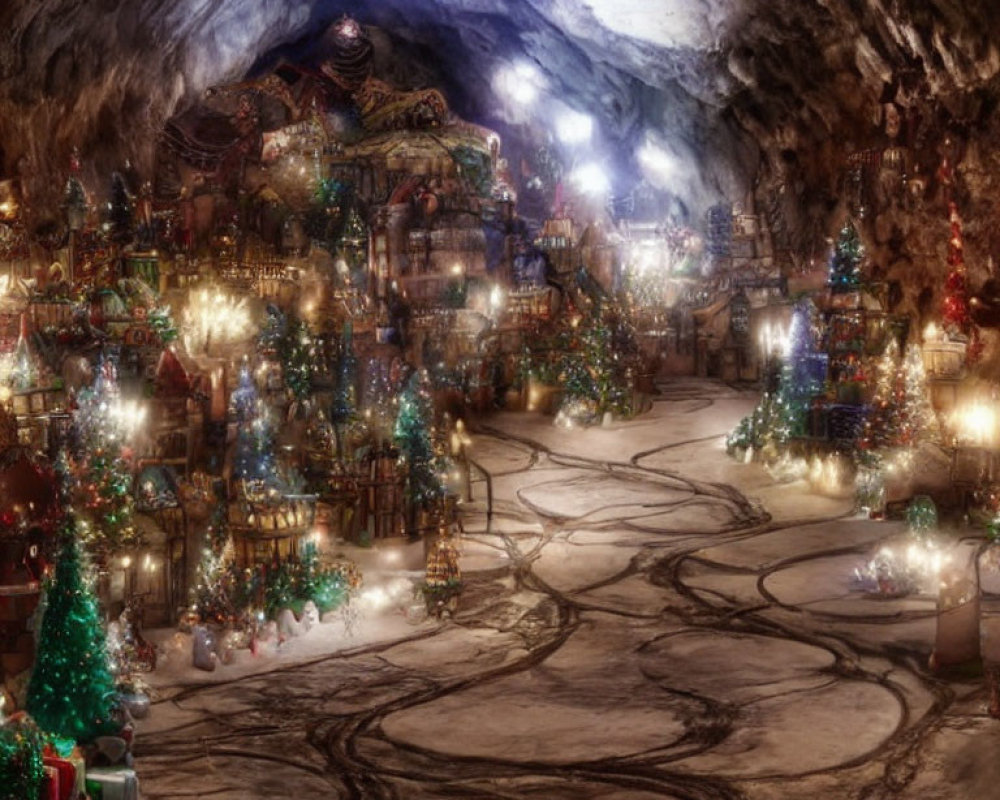 Magical Underground Christmas Village with Illuminated Buildings