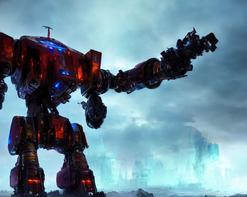 Giant Illuminated Mech in Dystopian Stormy Landscape