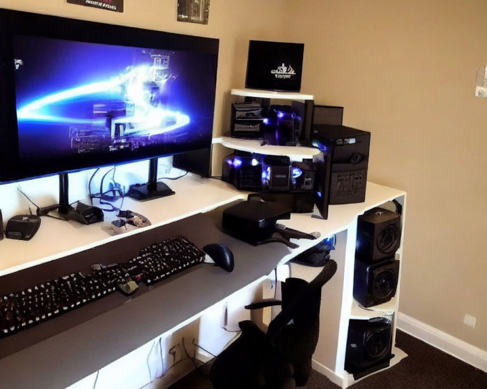 Spacious Gaming Setup with LED Lights, Large Screen, and PC