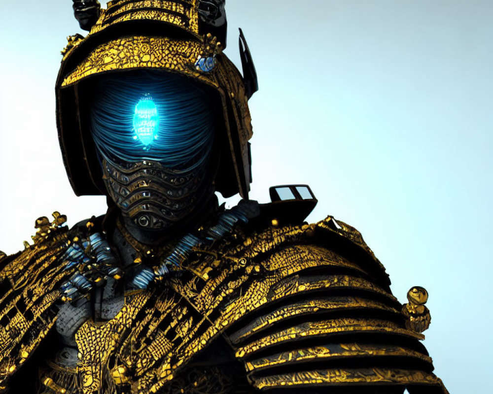 Futuristic knight in black and gold armor with blue visor