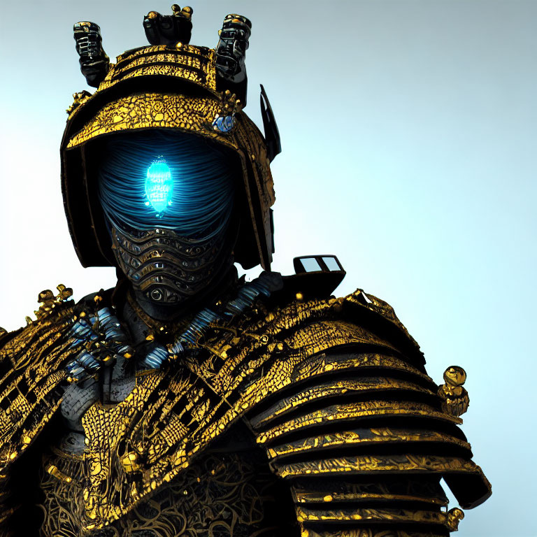 Futuristic knight in black and gold armor with blue visor