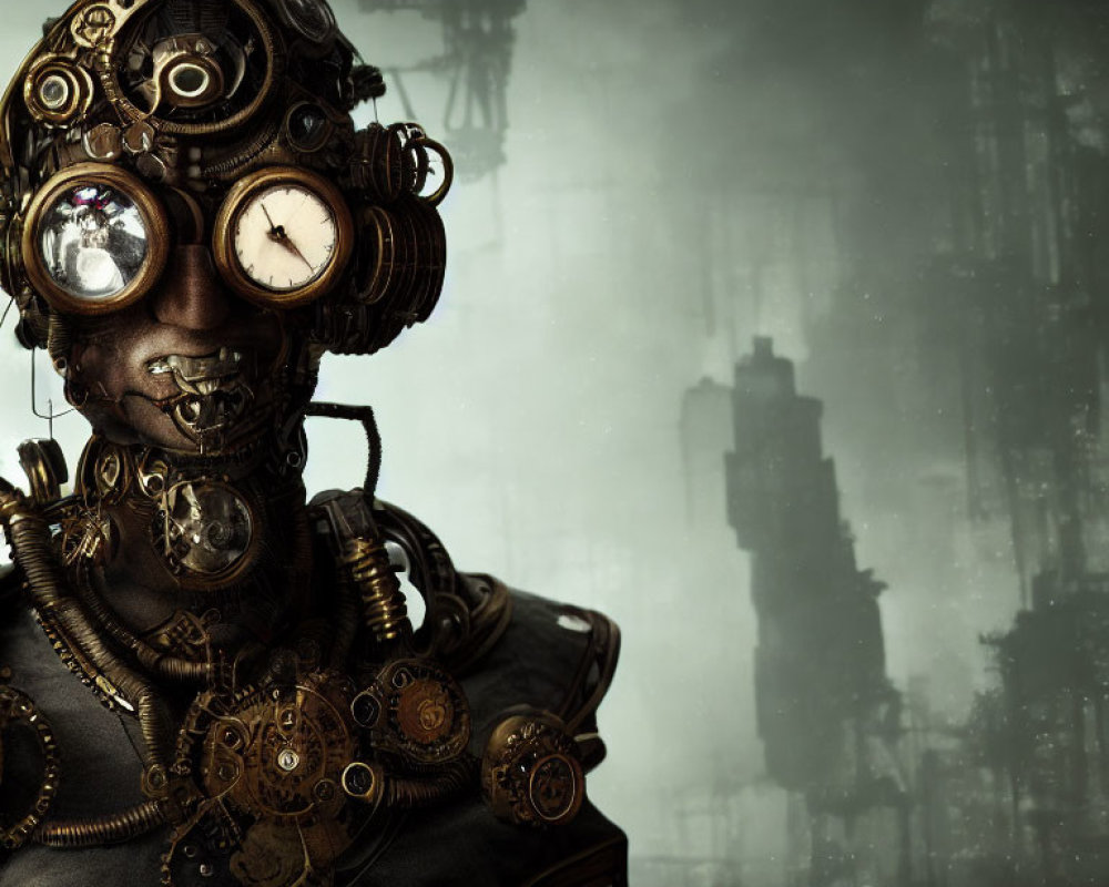 Steampunk-style individual with intricate mechanical mask and industrial backdrop