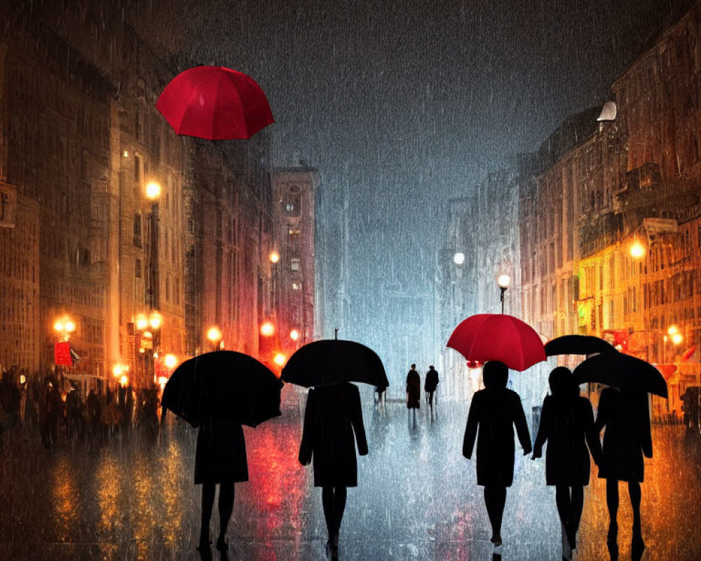 Night scene of people with umbrellas on rain-soaked street, city lights, red umbrella.