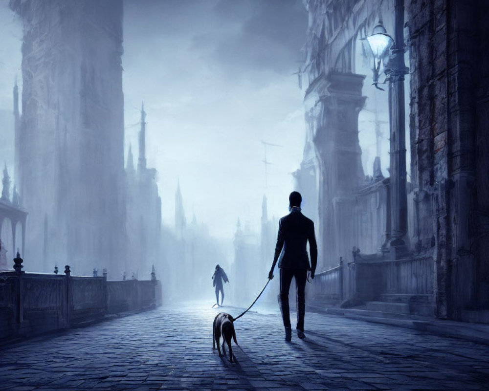 Silhouetted person walking dog on foggy, cobblestone street at dusk