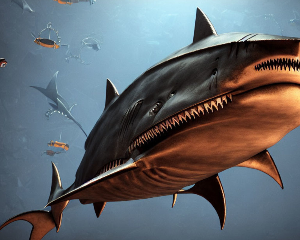 Futuristic digital art: large shark with exaggerated features in deep-sea scene