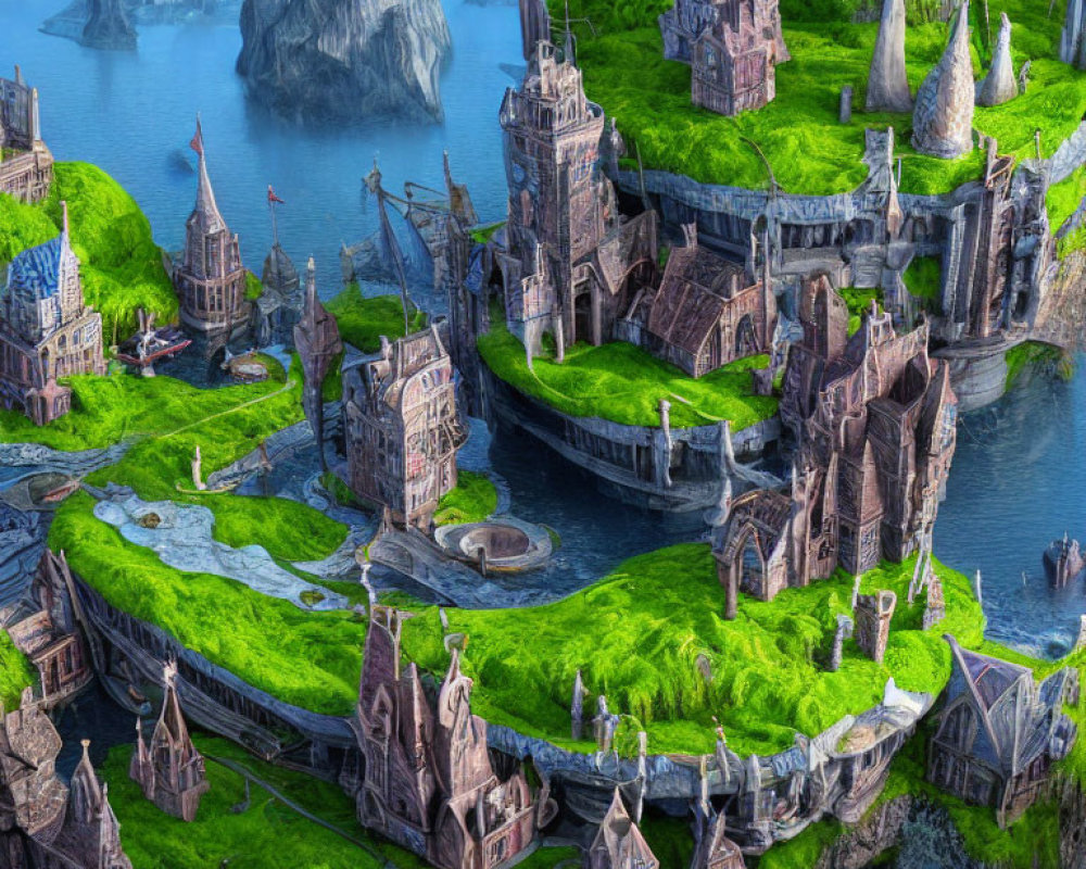 Verdant floating islands with medieval castles and stone bridges in fantasy landscape