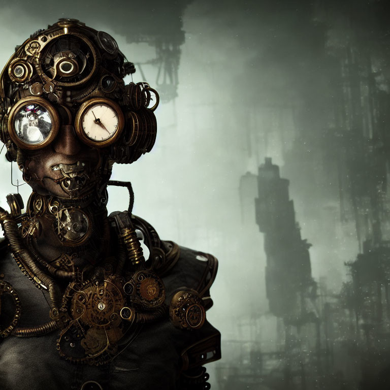 Steampunk-style individual with intricate mechanical mask and industrial backdrop