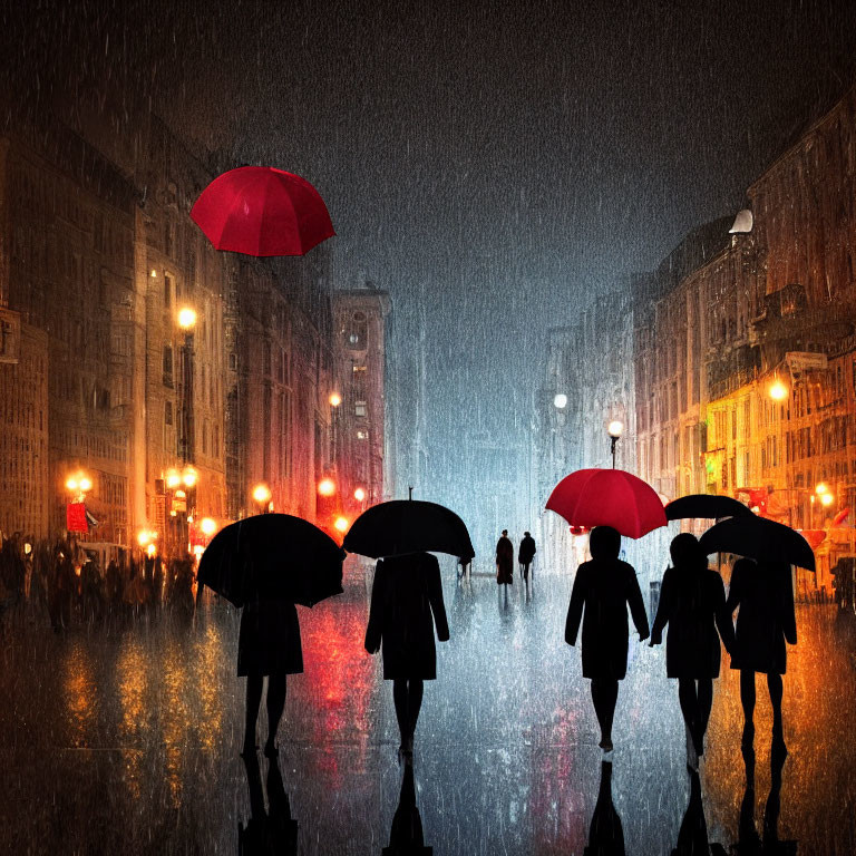 Night scene of people with umbrellas on rain-soaked street, city lights, red umbrella.