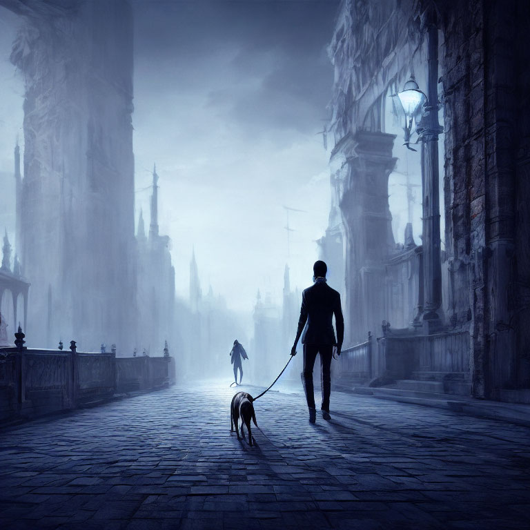 Silhouetted person walking dog on foggy, cobblestone street at dusk