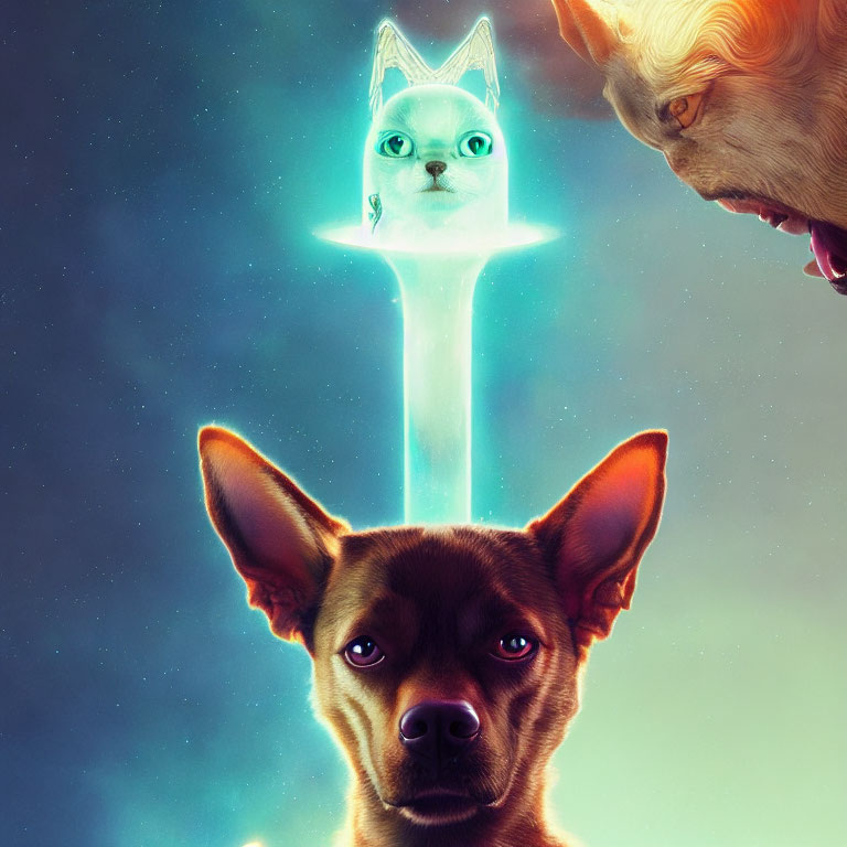 Surreal image of cat on glowing sword with dog faces.