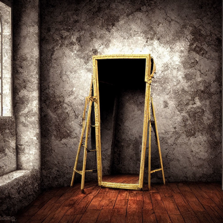 Golden ornate picture frame on wooden floorboards near window and textured wall.