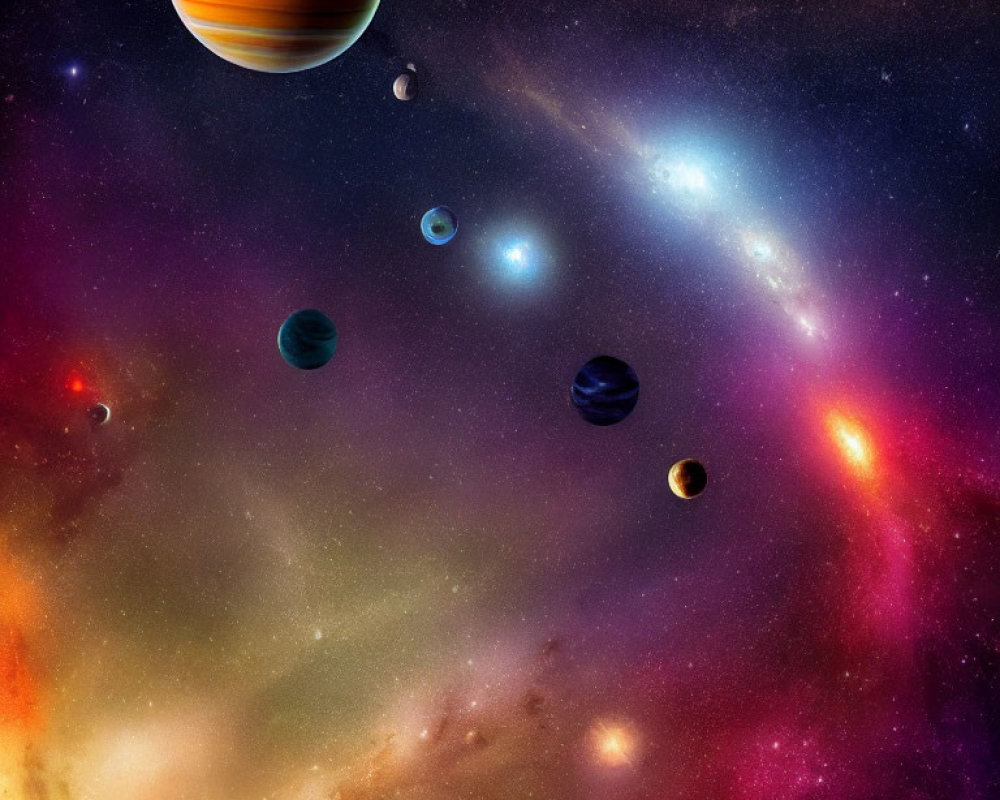 Colorful Planets and Swirling Galaxy in Vibrant Space Scene