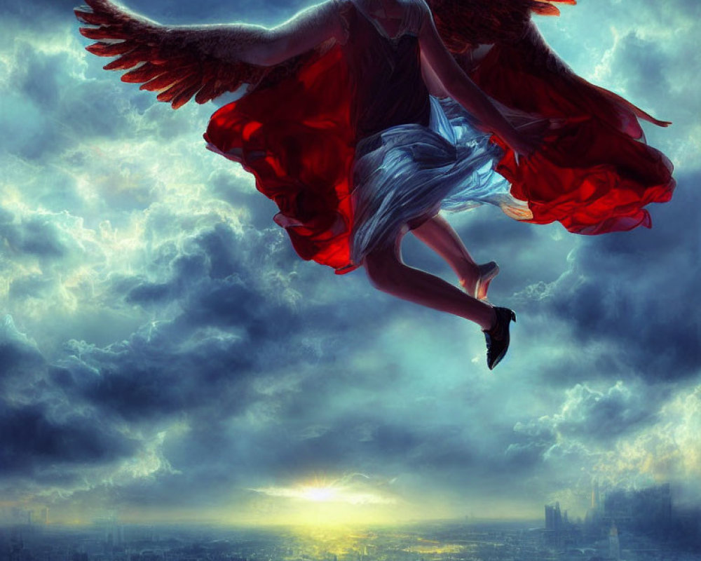 Large-winged angel flying over city at sunrise with bright light.