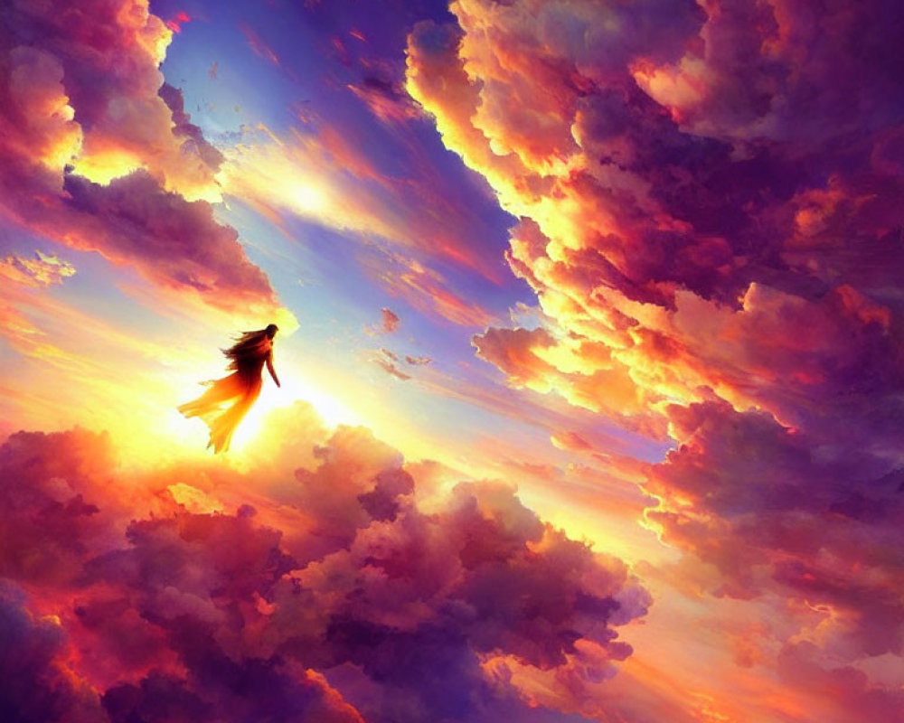 Bird flying in vibrant sunset sky with billowing clouds