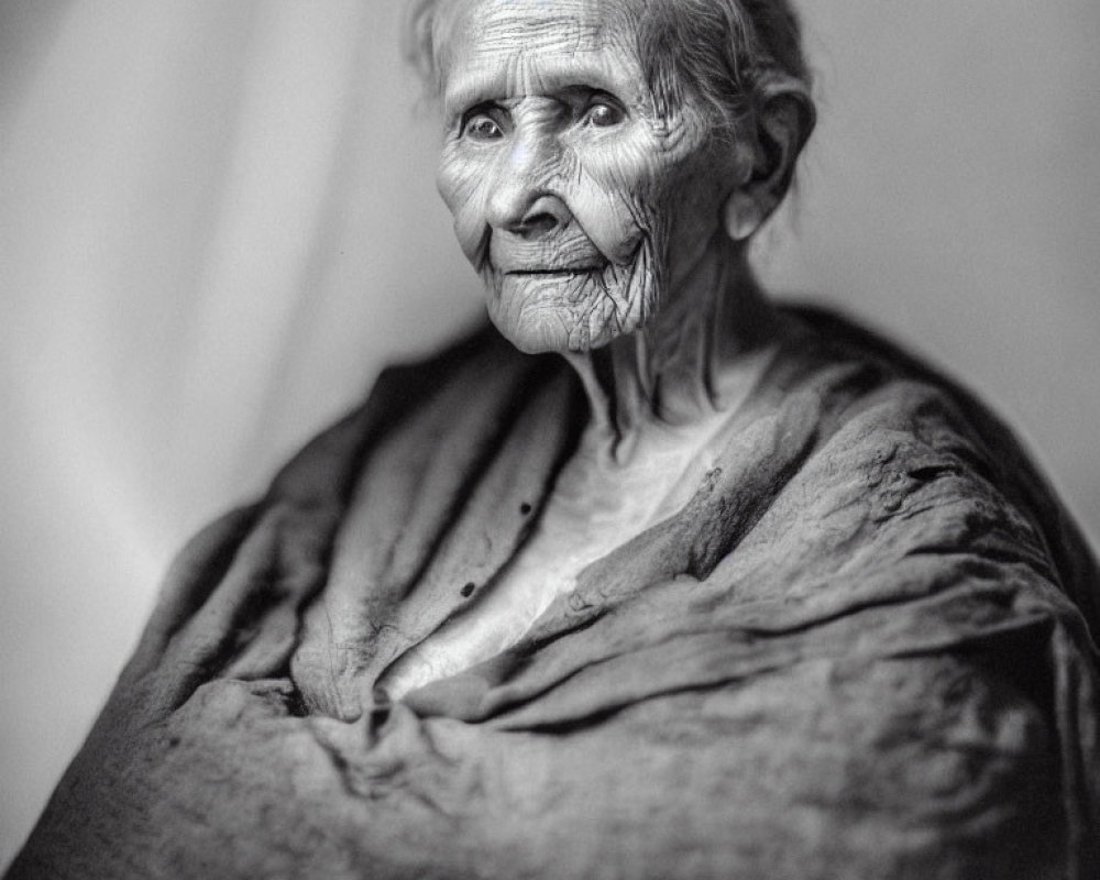 Monochrome portrait of elderly woman in shawl, deep wrinkles