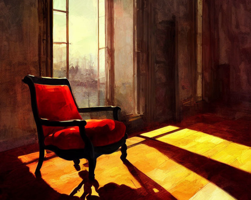 Colorful artwork: Red chair in sunlight-filled room