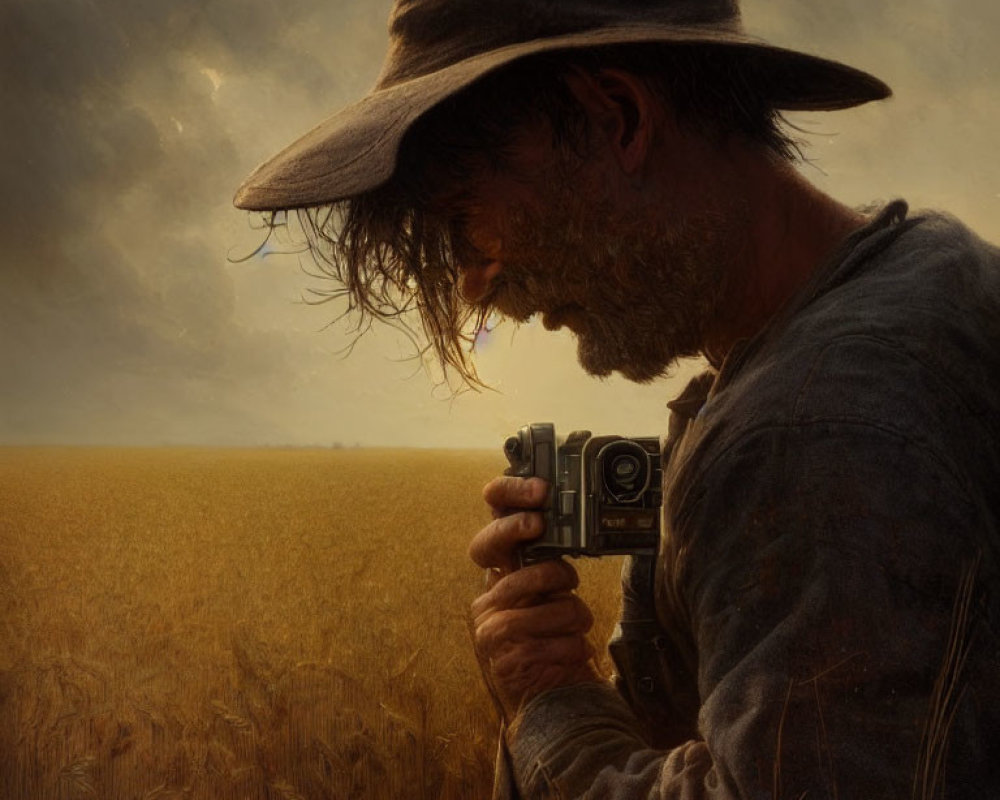 Bearded man in hat with camera in wheat field under cloudy sky