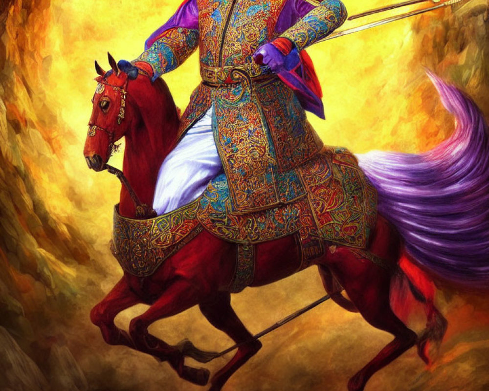 Colorful illustration of a warrior on a red horse in ornate armor