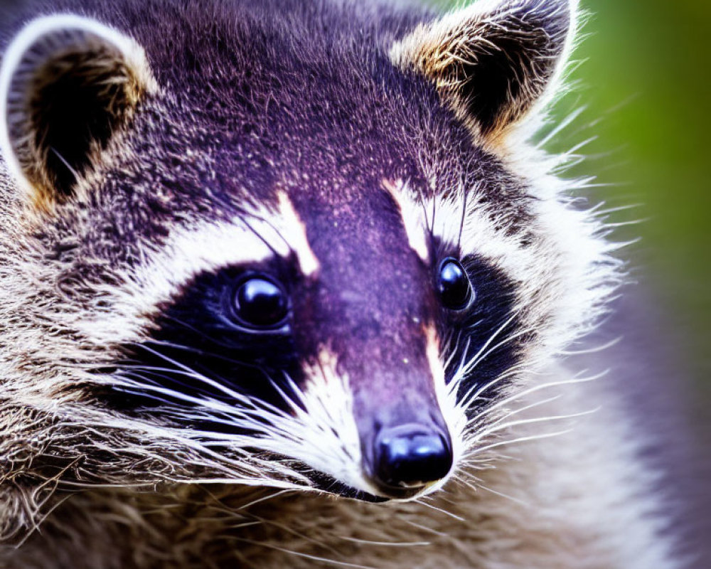 Detailed Close-Up of Raccoon's Black Mask and Whiskers on Green Background