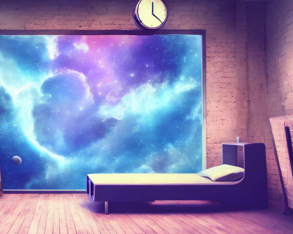 Minimalist Bedroom with Large Cosmic Galaxy-Themed Mural