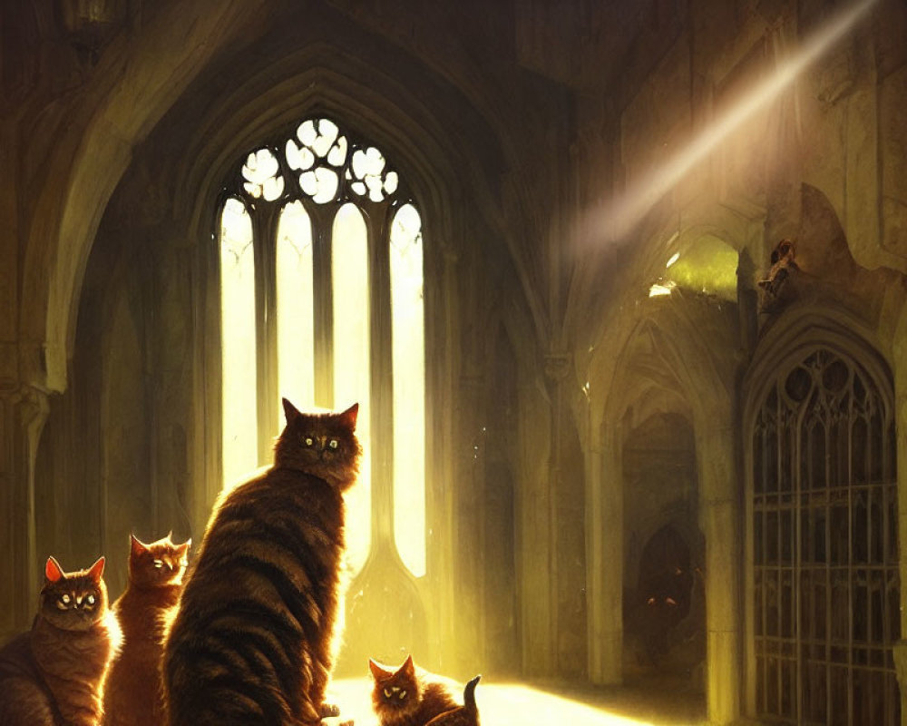 Sunbeams illuminate majestic cats in a gothic cathedral