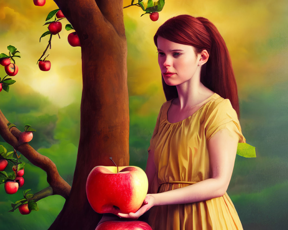 Woman in Yellow Dress Holding Apple by Apple Tree in Sunlight