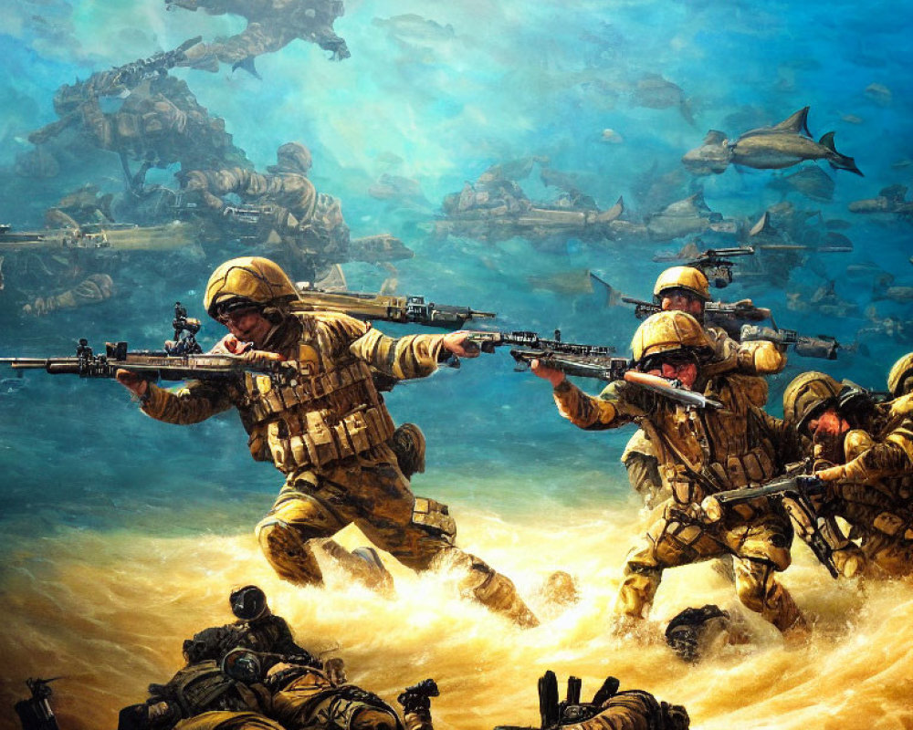 Military soldiers underwater with sharks and a mech in combat illustration