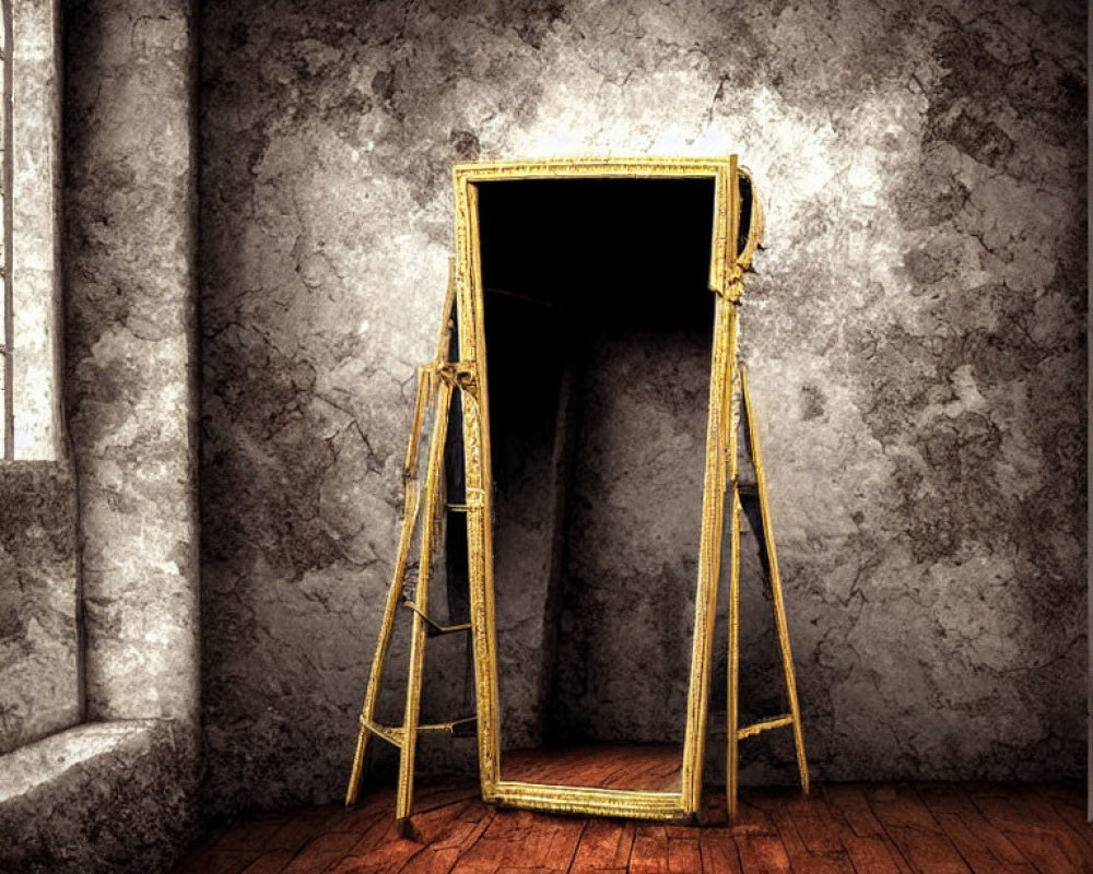 Golden ornate picture frame on wooden floorboards near window and textured wall.