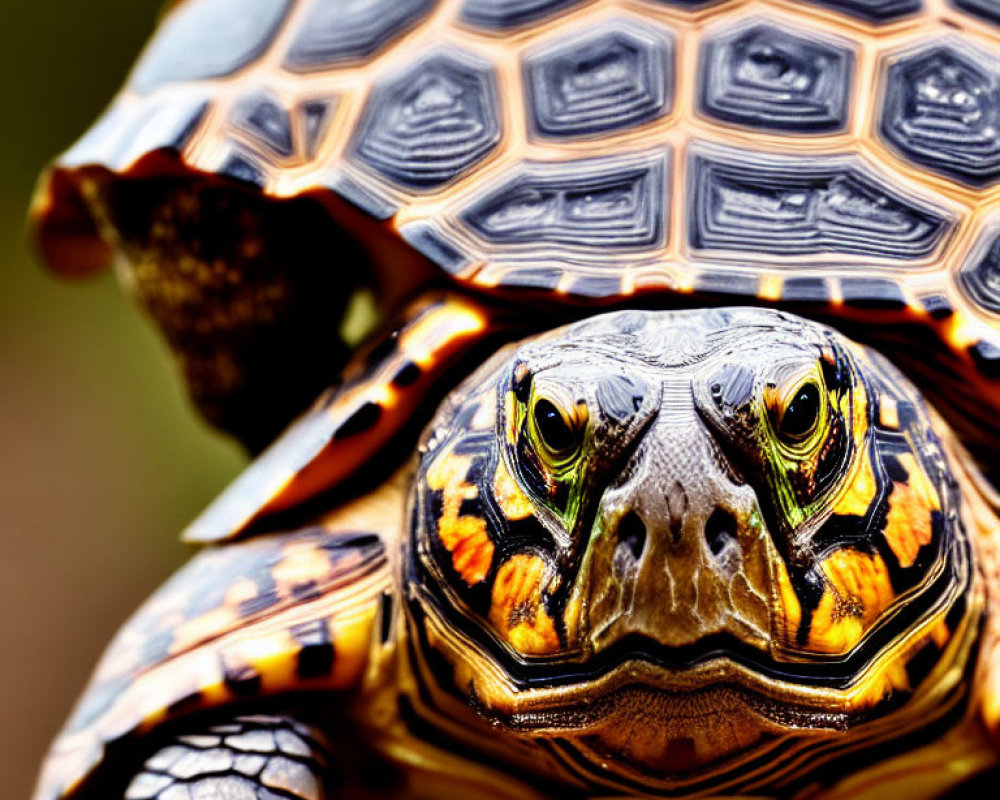 Patterned shell turtle with orange eye markings in close-up view