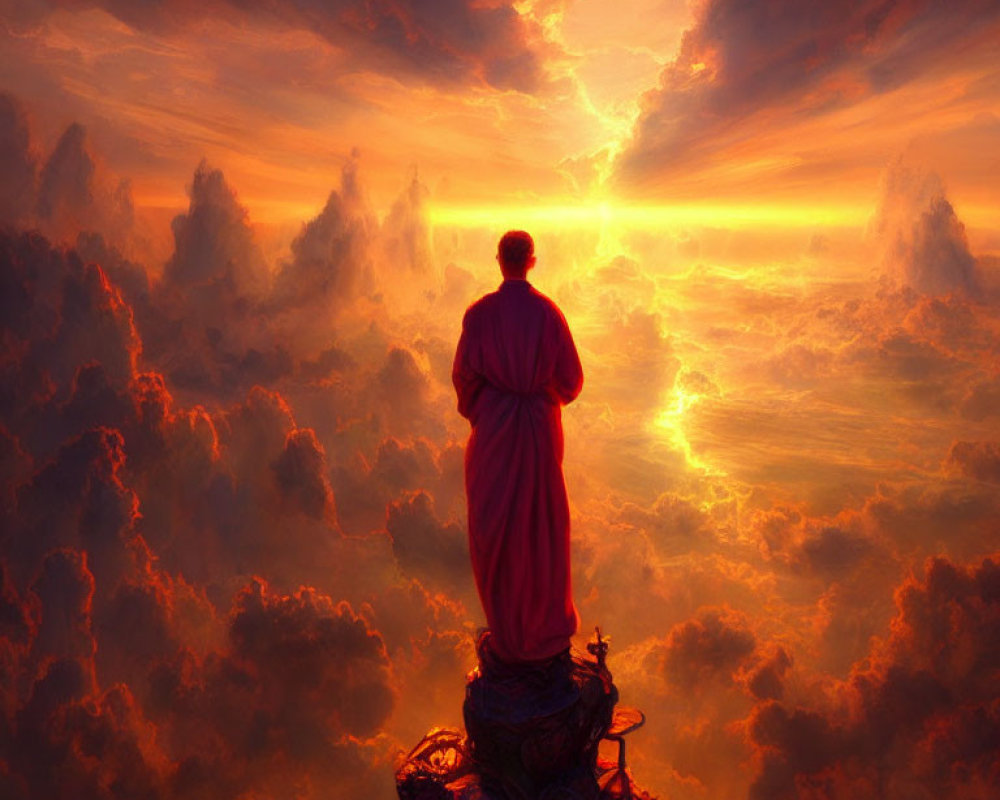 Person in Red Robe Standing on Pillar Under Radiant Sunset Sky