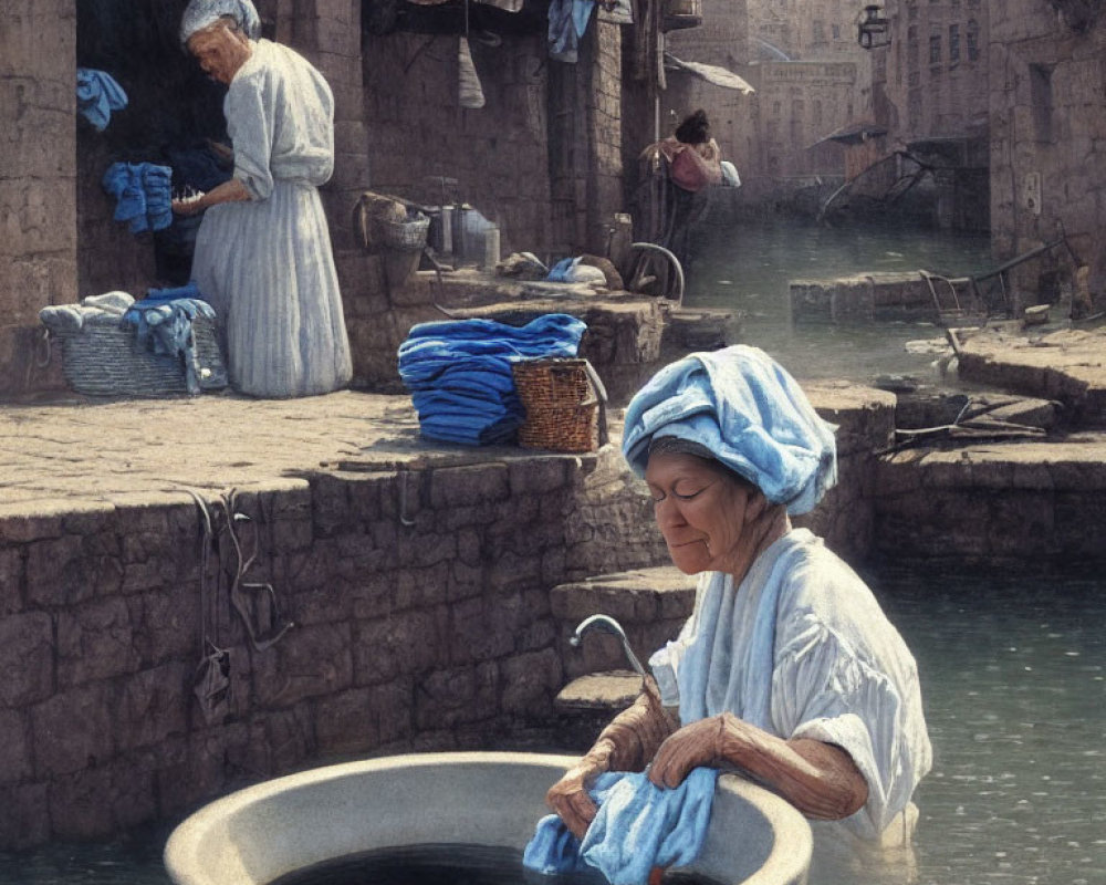 Women in historical dress washing clothes by hand in old-fashioned stone architecture.