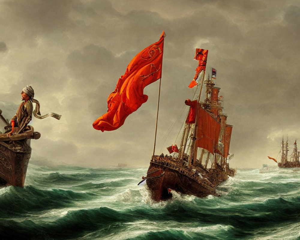 Turbulent sea painting with ships, red sails, and person holding flag