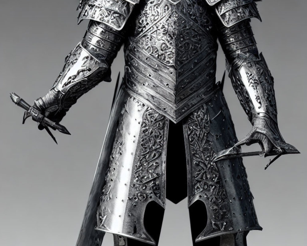 Intricately Engraved Medieval Knight Armor with Short Blade