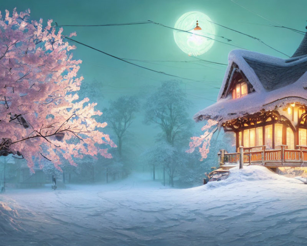 Snow-covered cottage in wintry scene with blossoming tree under streetlight