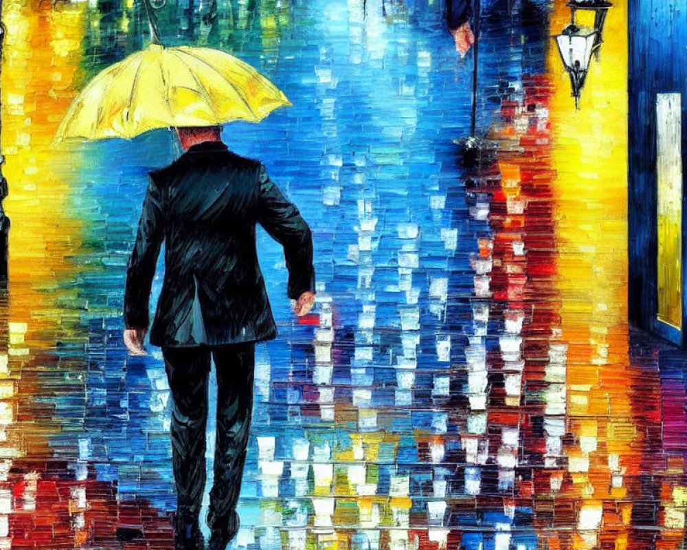 Colorful painting of person with yellow umbrella walking on wet street with neon light reflection