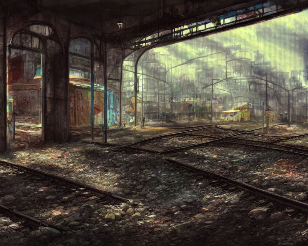 Abandoned railway station with decaying train and graffiti-covered walls