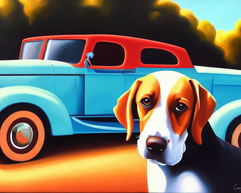 Beagle Dog with Vintage Blue Pick-Up Truck and Sunset Sky