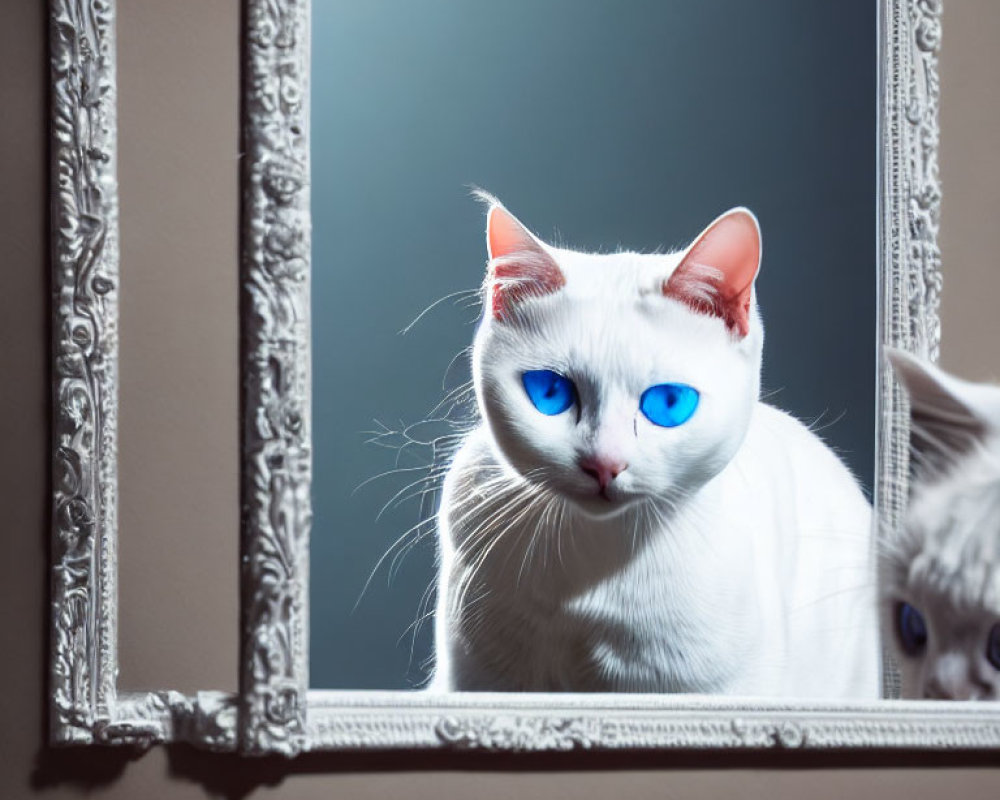 White Cat with Blue Eyes Reflected in Ornate Mirror