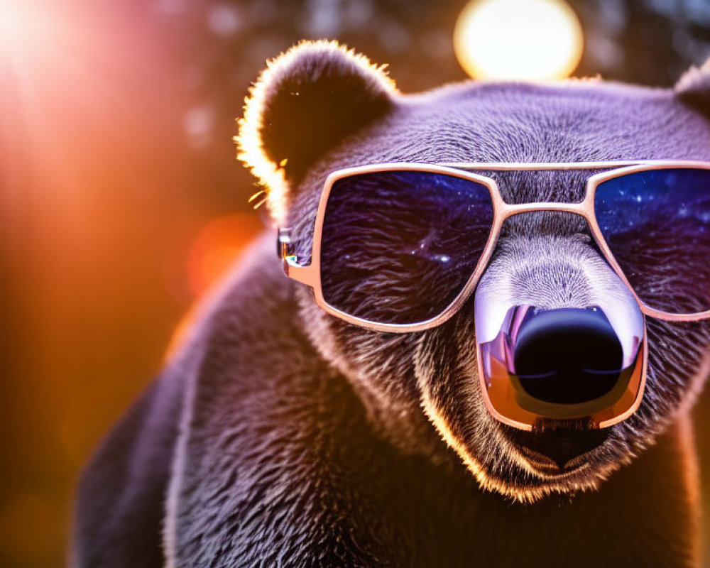 Bear in sunglasses with sunset silhouette background