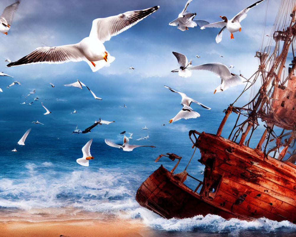 Seagulls circling rusty shipwreck on sandy beach under stormy sky