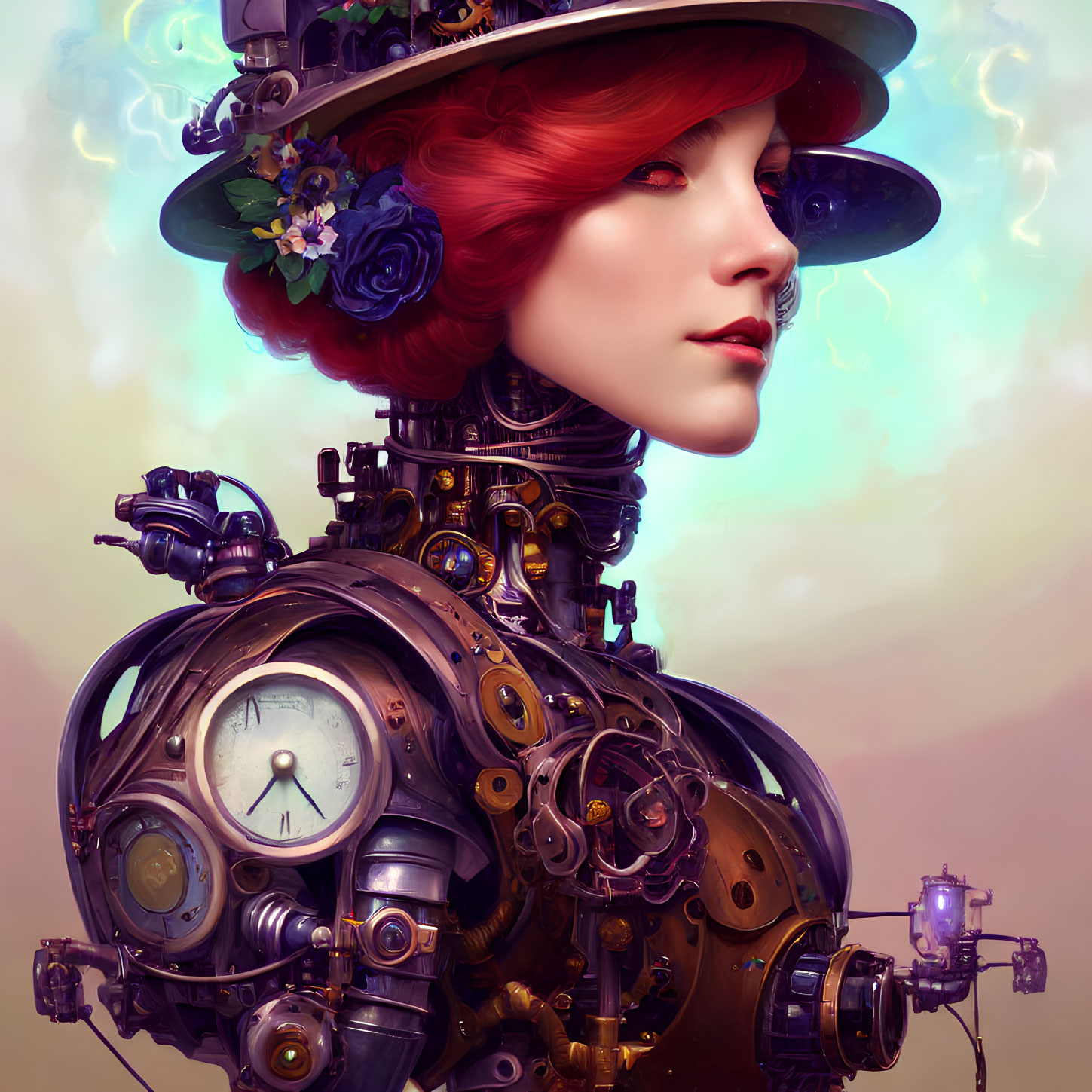 Steampunk Style Illustration of Woman with Mechanical Body and Red Hair