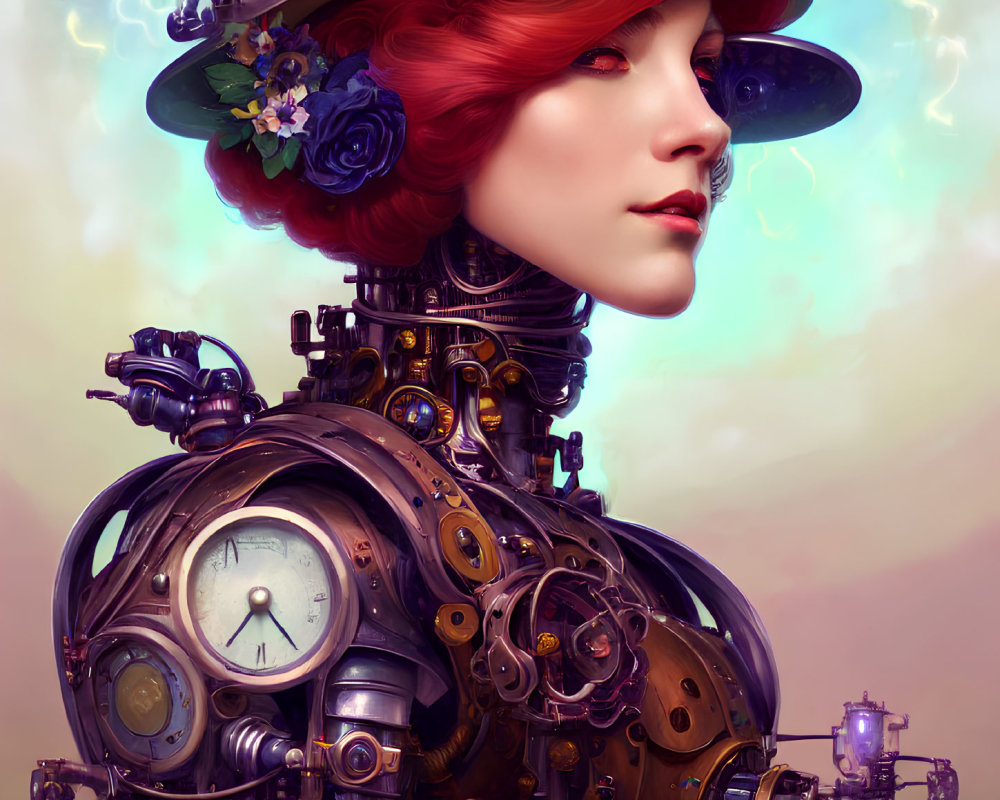 Steampunk Style Illustration of Woman with Mechanical Body and Red Hair