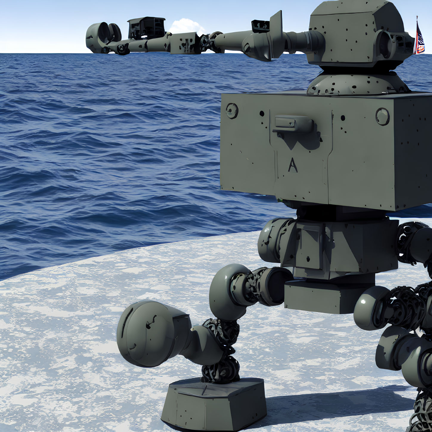 Robot with cannon arm rises from sea with American flag in background