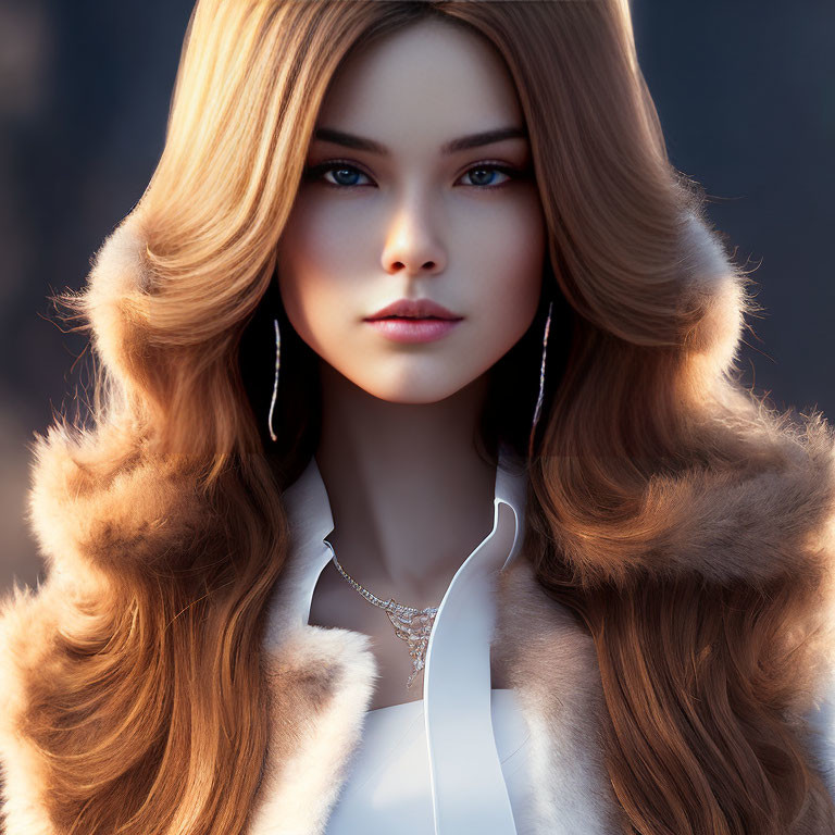 Digital artwork: Woman with voluminous wavy hair, blue eyes, white shirt, fur coat,