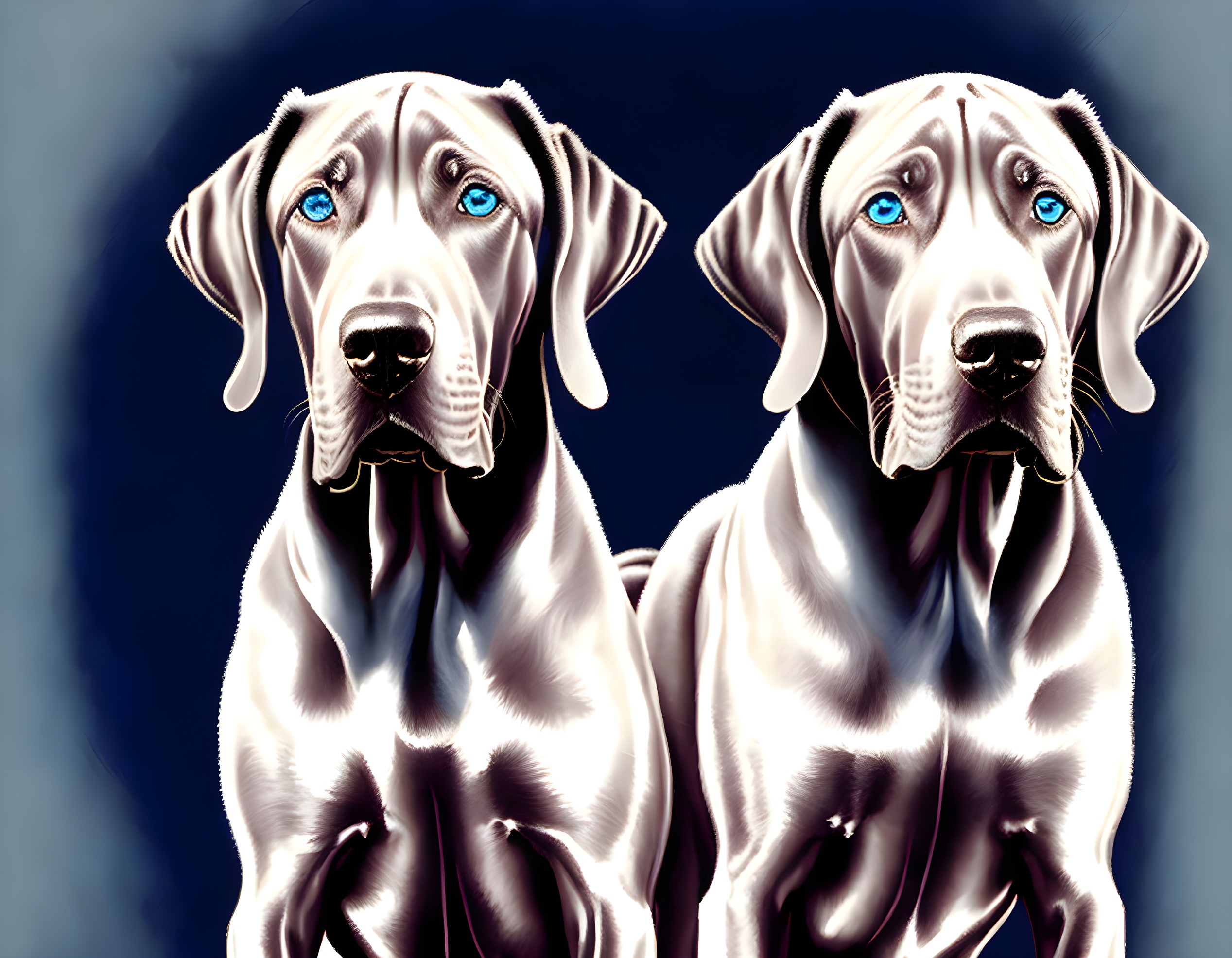 Weimaraner dogs digital art: Blue-eyed pair on navy background