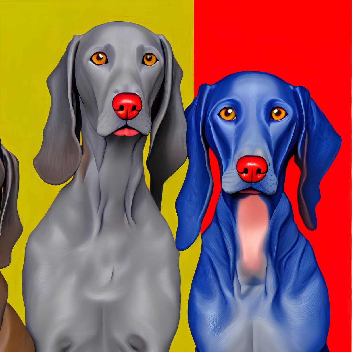 Stylized dogs with glossy coats on split yellow and red background