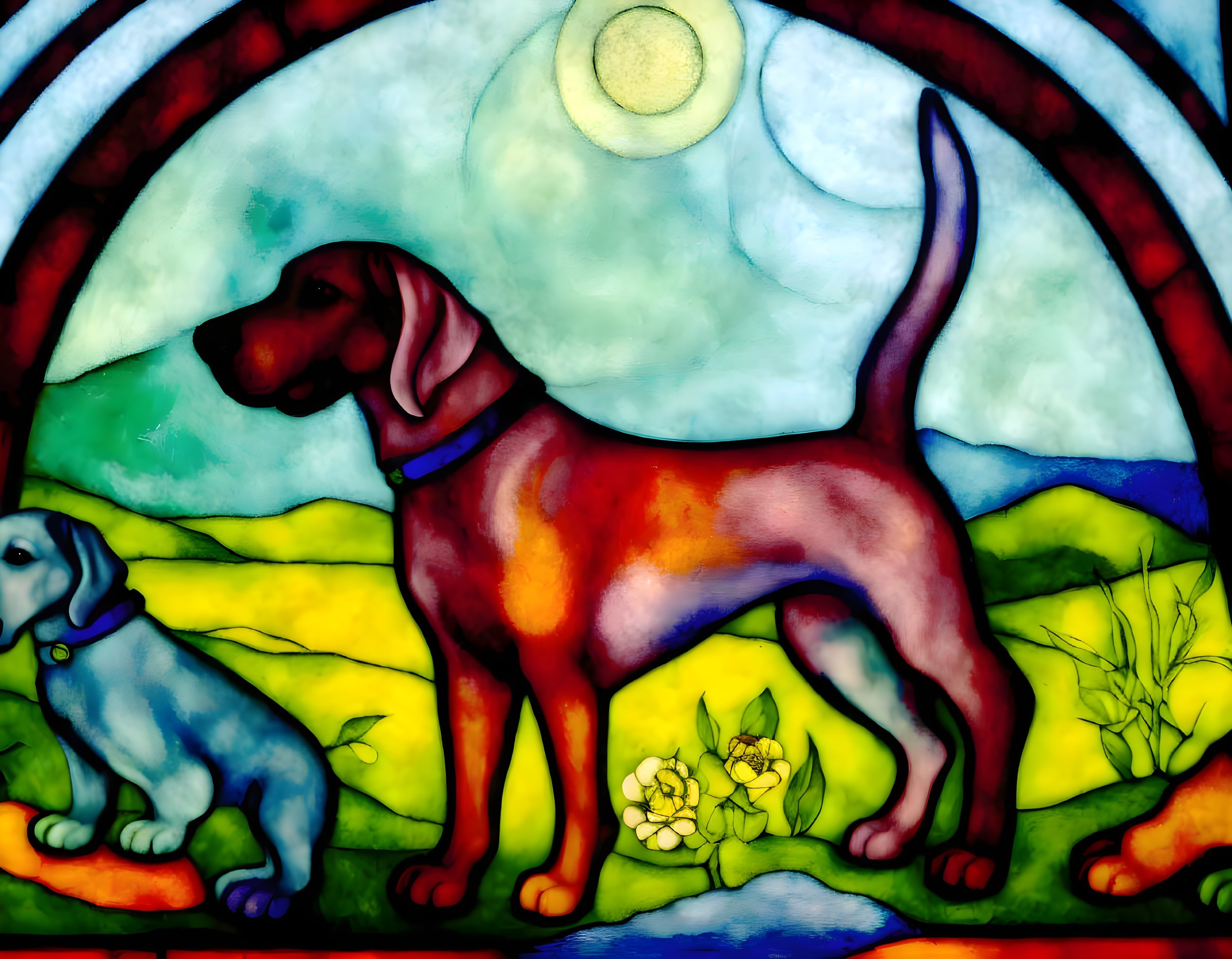 Stained Glass Window with Dogs in Sunny Landscape