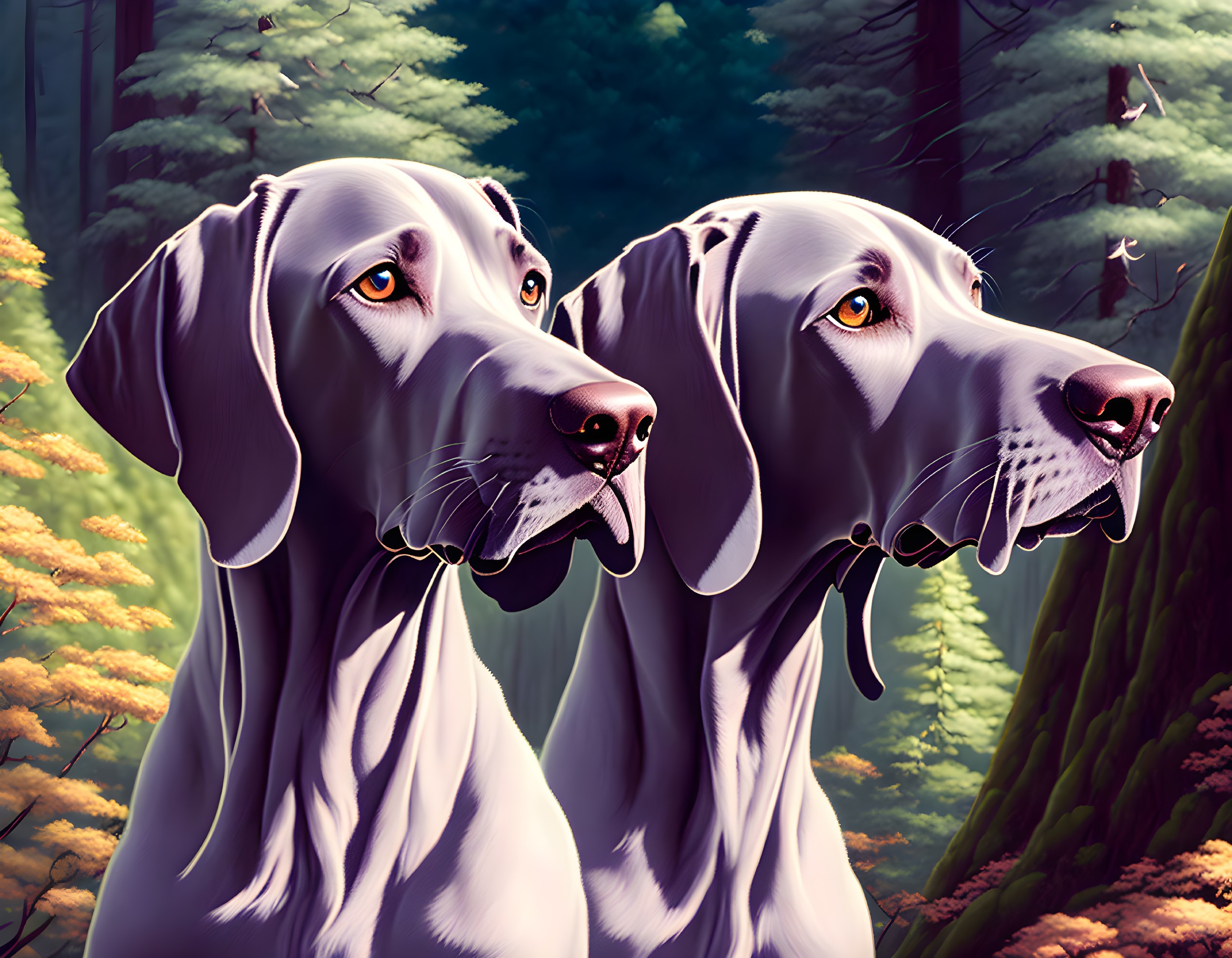 Illustrated Weimaraner Dogs in Lush Forest with Falling Leaves and Butterflies