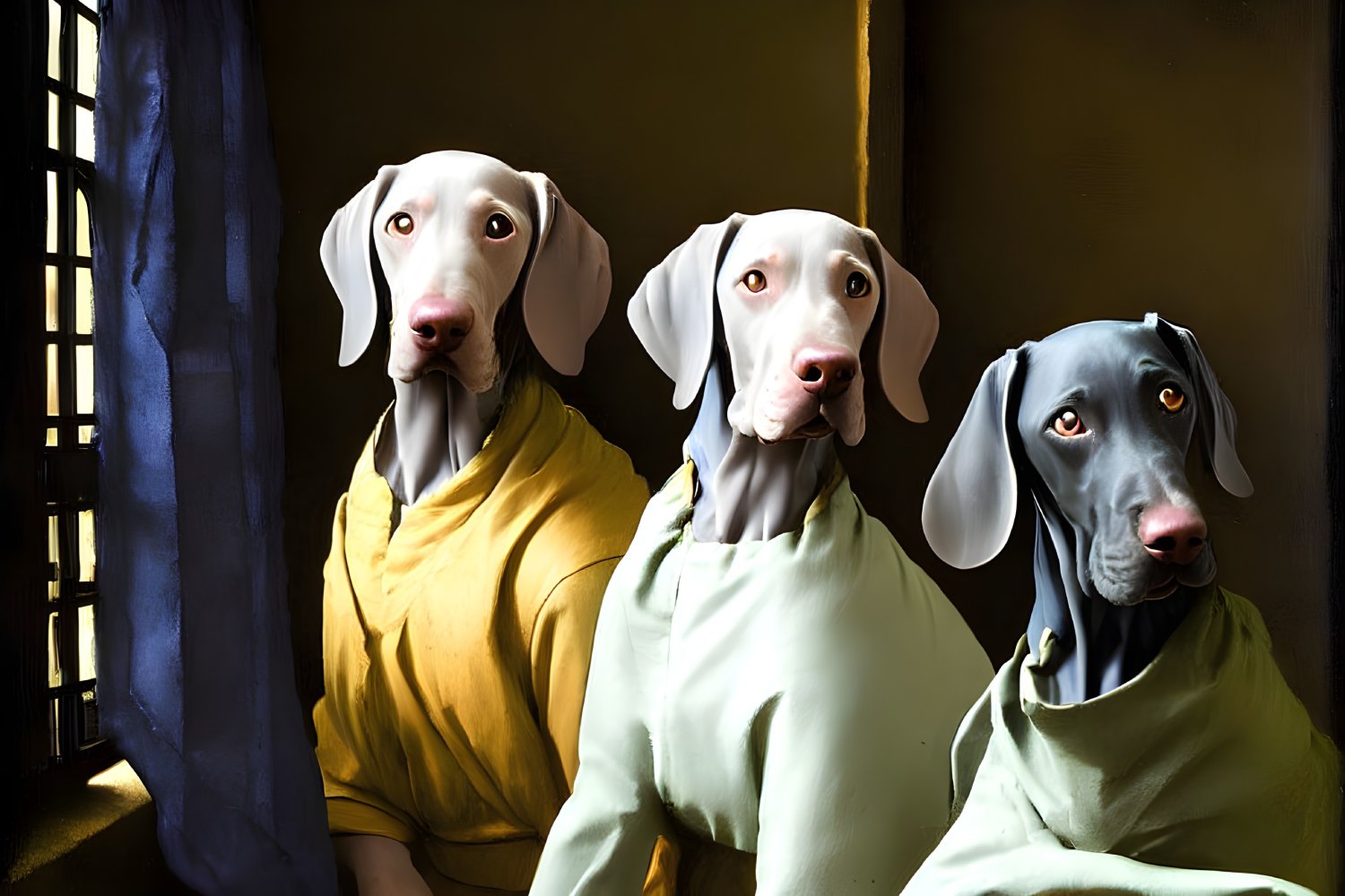 Three dogs in colorful robes with human-like faces in a shadowy setting