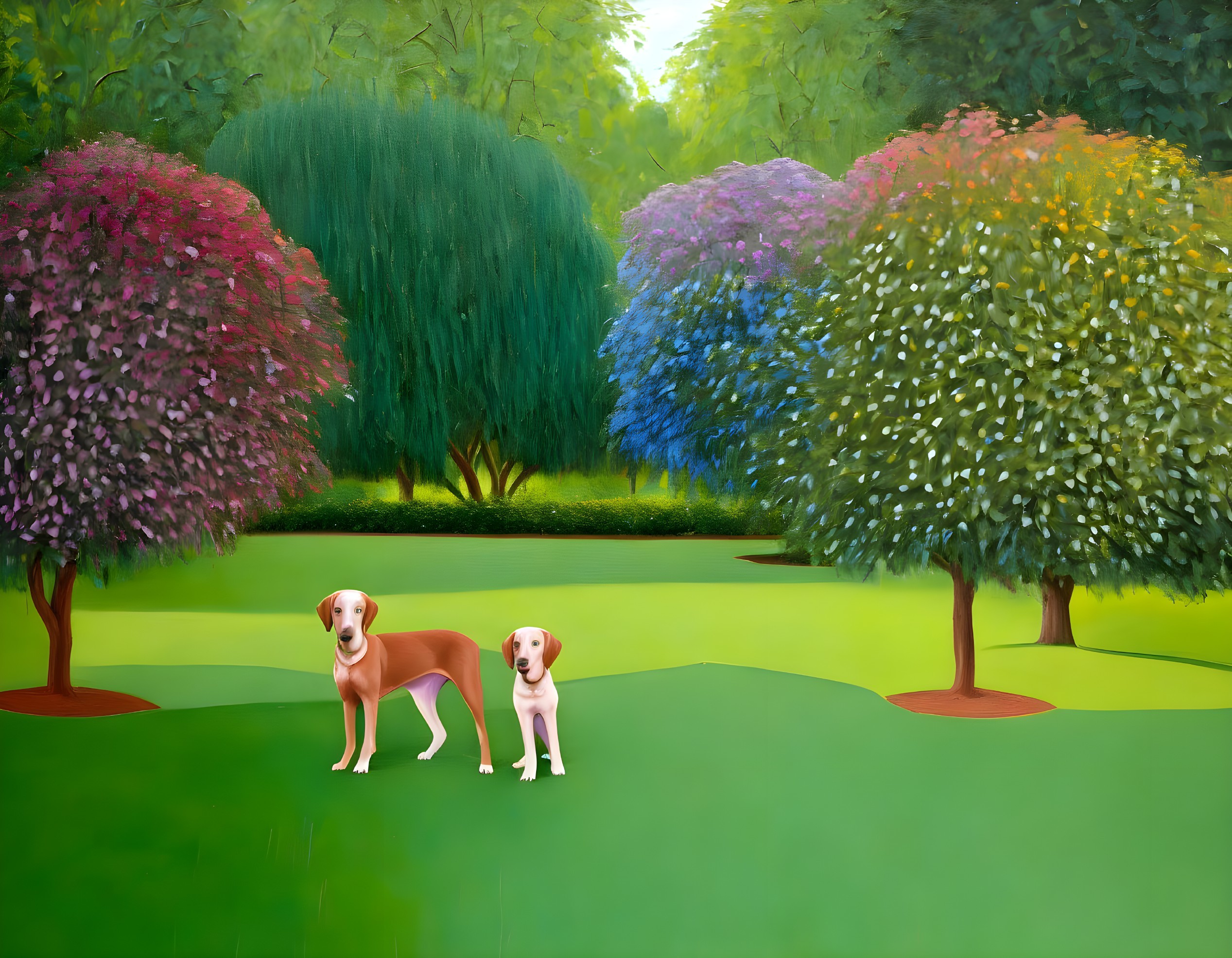 Two dogs on lush green lawn with colorful blooming trees